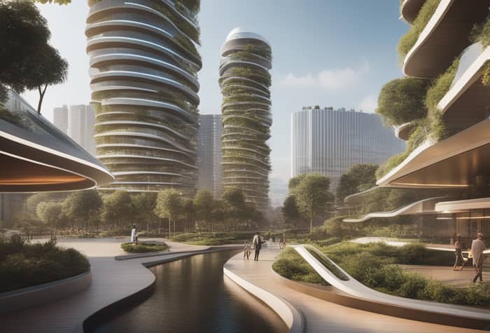 An illustration showcasing a futuristic cityscape with spiraling, green-covered skyscrapers, a meandering waterway, and people strolling through a park-like setting.