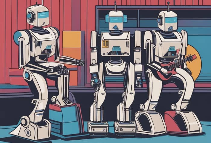 An illustration of three robots, one sitting and two standing, with one of the standing robots holding a guitar.