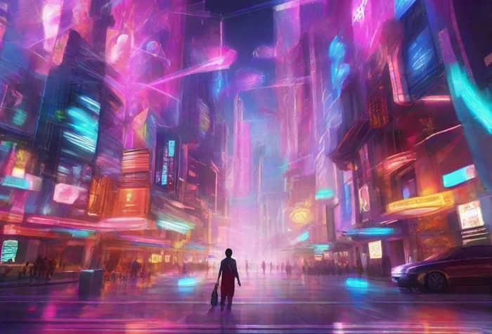 An illustration of a futuristic city street at night, bathed in vibrant neon lights. A lone figure walks down the center of the street, carrying a bag.