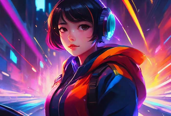 An illustration of a young woman with short dark hair wearing headphones and a colorful jacket, set against a vibrant, neon-lit cityscape background.