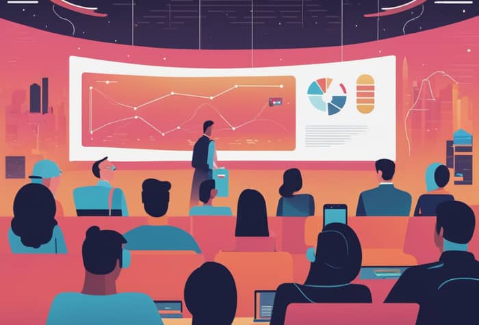 An illustration of a business presentation, with an audience watching a presenter in front of a large screen displaying charts and graphs.