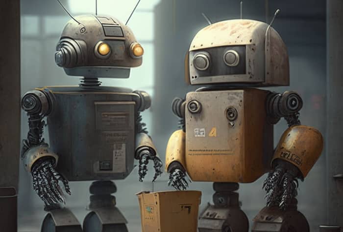 Two vintage-style robots stand next to a small box on a littered floor in a dimly lit space.. Text: 4