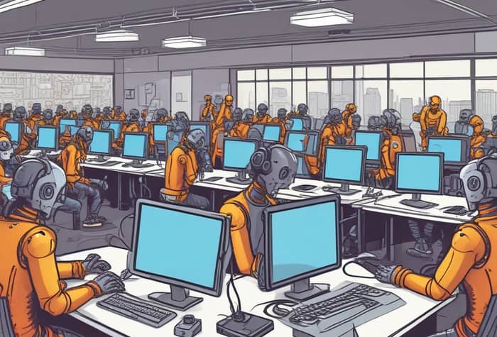 An illustration of robots working at computers in an office setting.