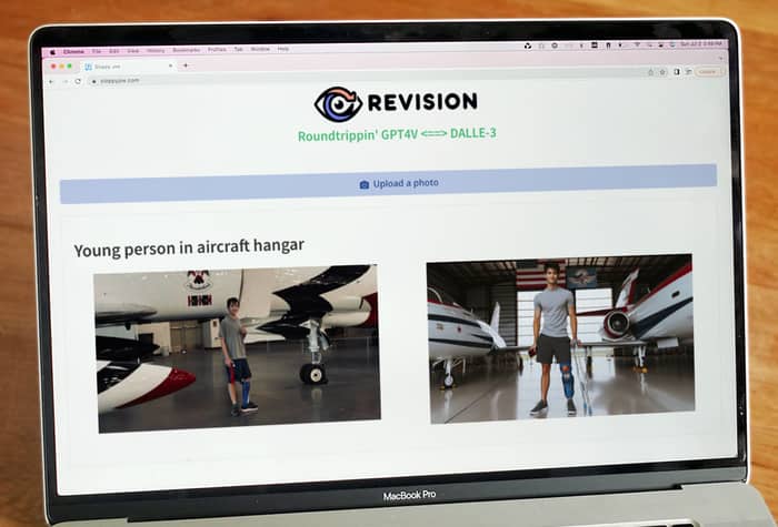 The image shows a laptop screen displaying a website called 'sloppyjoe.com'. The website features a logo, some text, and two images of a person in an aircraft hangar.. Text: Chrome File Edit View History Bookmarks Profiles Tab Window Help
Sloppy Joe
sloppyjoe.com
REVISION
Roundtrippin' GPT4V <==> DALLE-3
Upload a photo
Young person in aircraft hangar
MacBook Pro
pdate