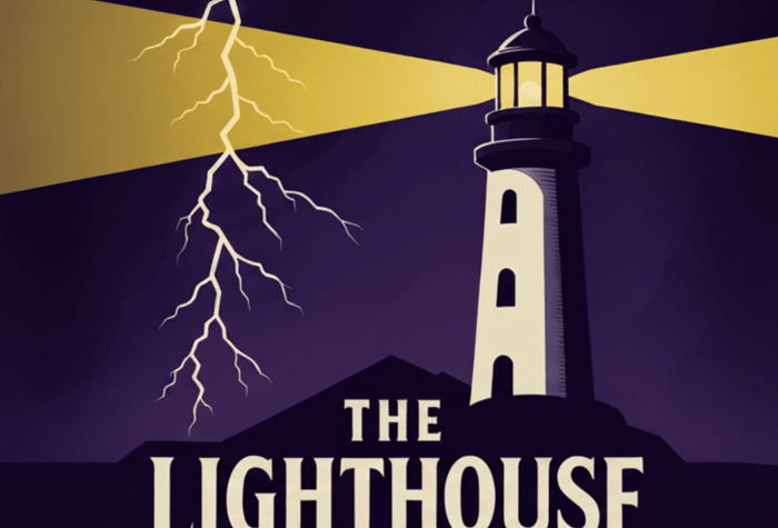A stylized illustration depicting a lighthouse standing against a dramatic dark purple sky, illuminated by its own bright yellow beam and a striking bolt of lightning. The title "THE LIGHTHOUSE" is prominently displayed at the base of the structure.