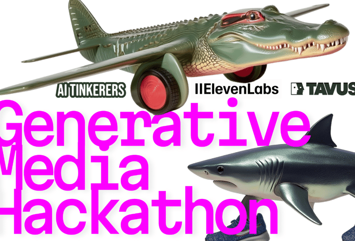 A promotional banner for a 'Generative Media Hackathon' featuring surreal hybrid creatures like an alligator-airplane and a shark wearing sneakers.. Text: AI TINKERERS IIElevenLabs TAVUS Generative Media Hackathon