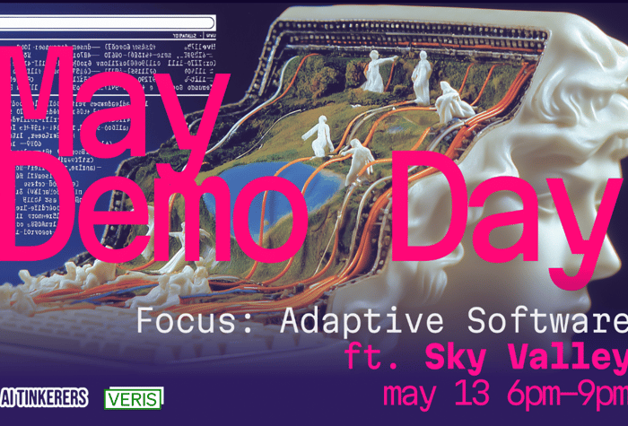 A promotional banner for a tech event titled 'May Demo Day', featuring a surreal digital illustration of a classical bust integrated with a laptop.. Text: May Demo Day Focus: Adaptive Software ft. Sky Valley may 13 6pm–9pm AI TINKERERS VERIS [unreadable]