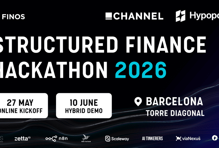 A promotional banner for the 'Structured Finance Hackathon 2026' featuring event dates, location, and sponsor logos on a dark, wavy background.. Text: FINOS CHANNEL Hypoport STRUCTURED FINANCE HACKATHON 2026 27 MAY ONLINE KICKOFF 10 JUNE HYBRID DEMO BARCELONA TORRE DIAGONAL BCS Barcelona Code School zetta10 n8n BCN FinTech Scaleway AI TINKERERS viaNexus RCQ ASSOCIATES
