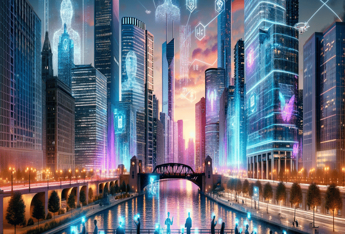 An illustration of a futuristic cityscape at sunset, with holographic projections of people, data, and drones overlaid on the buildings and river.