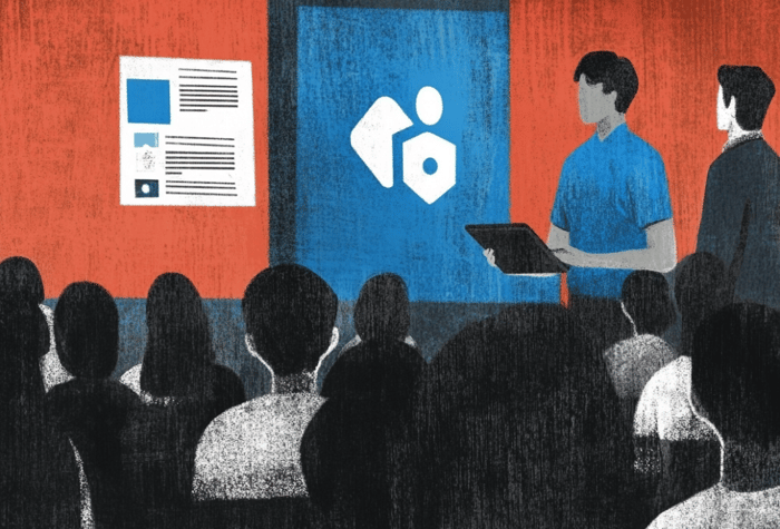 An illustration of a person giving a presentation to an audience.  They are holding a tablet and standing in front of a screen with a logo and some text.