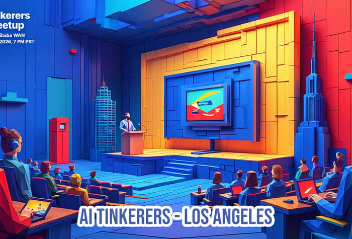 A highly stylized, geometric illustration advertising the 'AI Tinkerers LA Meetup,' showing a speaker on a stage addressing an audience in a brightly colored, architecturally complex auditorium.. Text: AI Tinkerers LA Meetup
Featuring Alibaba WAN
January 29, 2026, 7 PM PST
AI TINKERERS - LOS ANGELES