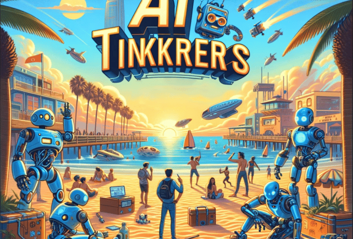 An illustration of people and robots on a sunny beach with a pier in the background. The title "AI Tinkrers" is prominently displayed.