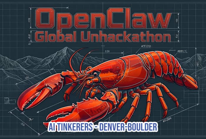 A promotional banner for the 'OpenClaw Global Unhackathon' featuring a large orange lobster illustrated in a technical, blueprint-like style against a dark grid background with mountains.. Text: OpenClaw Global Unhackathon #7F1D1D #B91C1C 0:00 1.00 0.87 0.76 0.18 0 2.50 3.50 #DC2626 AI TINKERERS - DENVER-BOULDER