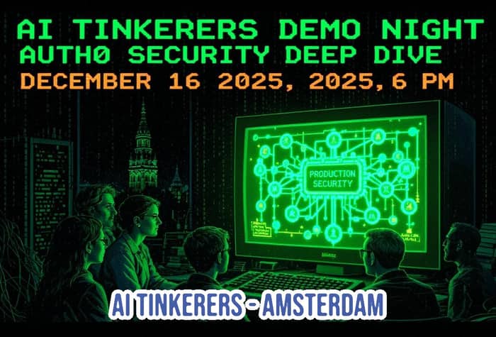 A promotional banner for an event called 'AI TINKERERS DEMO NIGHT' and 'AUTHØ SECURITY DEEP DIVE,' set against a dark, cyberpunk-style illustration.. Text: AI TINKERERS DEMO NIGHT AUTHØ SECURITY DEEP DIVE DECEMBER 16 2025, 2025, 6 PM PRODUCTION SECURITY AI TINKERERS - AMSTERDAM