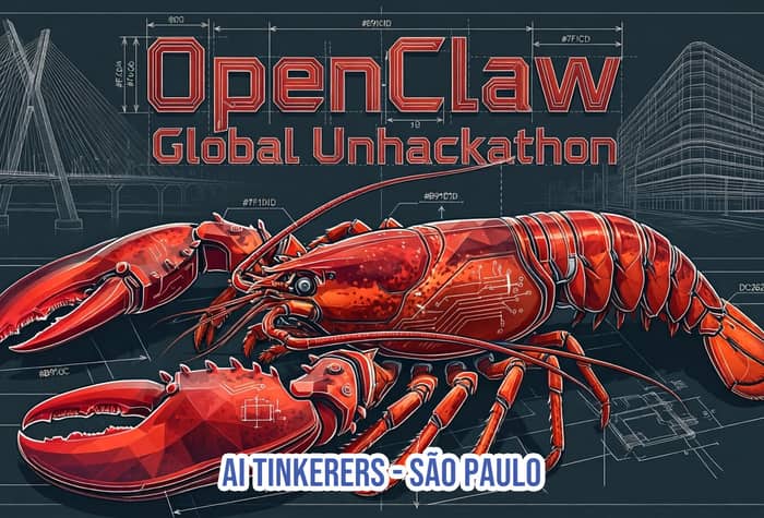 A promotional banner for the 'OpenClaw Global Unhackathon' featuring a red mechanical lobster on a dark blue blueprint background with architectural sketches.. Text: OpenClaw
Global Unhackathon
AI TINKERERS - SÃO PAULO
#B91C1D #7F1D1D #111827 #DC2626 #FFC107