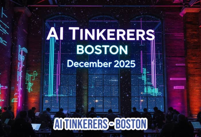 A dark, stylized image of an indoor event featuring attendees working on laptops, overlaid with neon code projections on the brick walls and large white text advertising an AI event.. Text: AI TINKERERS BOSTON December 2025 AI TINKERERS-BOSTON