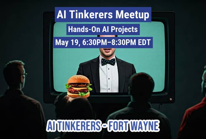 The image is a digitally manipulated photo advertising an 'AI Tinkerers Meetup' on May 19th, featuring people watching a screen with a man in a suit and a burger.. Text: AI Tinkerers Meetup
Hands-On Al Projects
May 19, 6:30PM-8:30PM EDT
AI TINKERERS FORT WAYNE