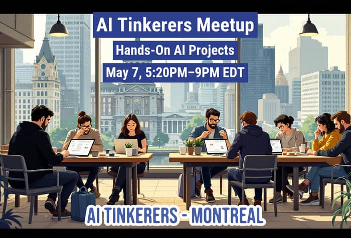 The image depicts a group of people working on laptops around tables, with a city skyline visible through the windows. The image advertises an "AI Tinkerers Meetup" with the date and time.. Text: Al Tinkeers
AI Tinkerers Meetup
Hands-On Al Projects
May 7, 5:20PM-9PM EDT
AI TINKERERS-MONTREAL