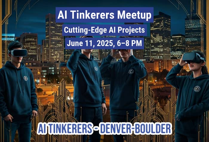 This image is an event banner for an 'AI Tinkerers Meetup,' featuring four individuals wearing VR headsets against a backdrop of a city skyline at night and stylized golden Art Deco patterns. The banner provides details about the event's topic, date, and time.. Text: AI Tinkerers Meetup
Cutting-Edge AI Projects
June 11, 2025, 6–8 PM
AI TINKERERS - DENVER-BOULDER