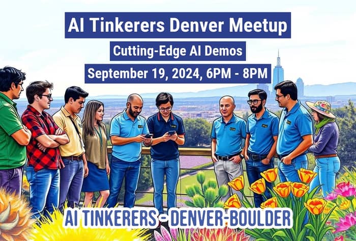 A banner advertising an AI Tinkerers Denver Meetup on September 19, 2024, featuring cutting-edge AI demos.. Text: AI Tinkerers Denver Meetup
Cutting-Edge AI Demos
September 19, 2024, 6PM - 8PM
AI TINKERERS-DENVER-BOULDER