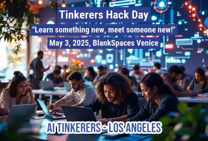 This image appears to be an advertisement for a 'Tinkerers Hack Day' event, featuring people working on laptops in a modern office setting. The event is scheduled for May 3, 2025, at BlankSpaces Venice and is associated with 'AI TINKERERS - LOS ANGELES'.. Text: Tinkerers Hack Day
"Learn something new, meet someone new!"
May 3, 2025, BlankSpaces Venice
AI TINKERERS LOS ANGELES