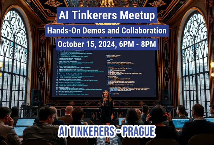 A photo of a meetup about AI, showing a presentation with code on a screen and an audience listening to a speaker.. Text: Al Tinkerers Meetup
Hands-On Demos and Collaboration
October 15, 2024, 6PM - 8PM
AI TINKERERS - PRAGUE
