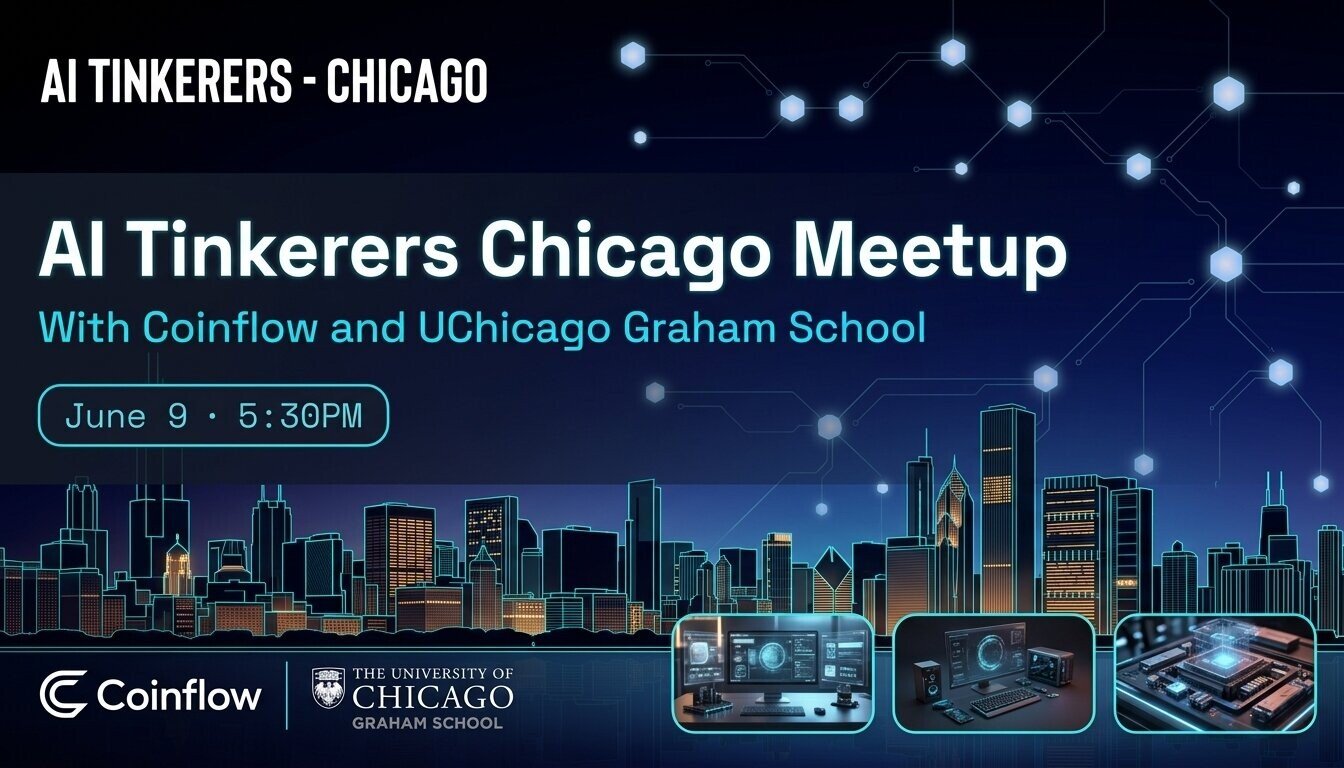 (Banner) A promotional banner for the AI Tinkerers Chicago Meetup, featuring a stylized digital illustration of the Chicago skyline at night under a network-themed sky. Text: AI TINKERERS - CHICAGO AI Tinkerers Chicago Meetup With Coinflow and UChicago Graham School June 9 • 5:30PM Coinflow THE UNIVERSITY OF CHICAGO GRAHAM SCHOOL Modern, futuristic, and tech-oriented. | Colors: #050C1A, #00D2FF, #FFFFFF, #0F2B48 Note: The image is a promotional graphic designed to advertise an upcoming event, featuring headlines, event details, logos, and a stylized background layout.