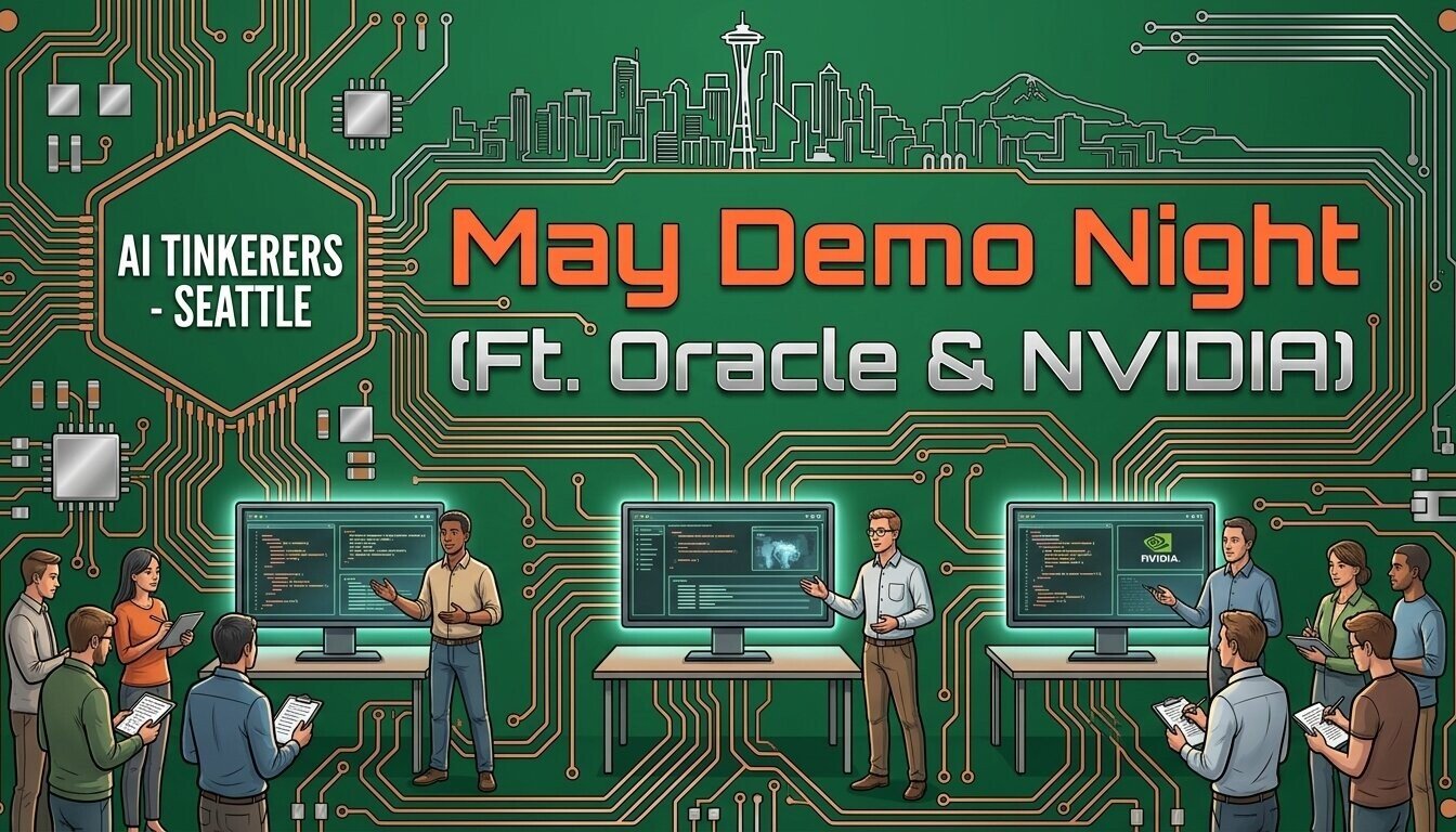 (Banner) A promotional banner for an 'AI Tinkerers - Seattle' event titled 'May Demo Night', featuring an illustration of people at tech demo stations against a green circuit board background. Text: AI TINKERERS - SEATTLE May Demo Night (Ft. Oracle & NVIDIA) Modern tech illustration. | Colors: #2e6b40, #ff6633, #ffffff, #c5a059 Note: The image is a promotional graphic for a specific event, combining text headlines with illustrative elements to convey information about a gathering.