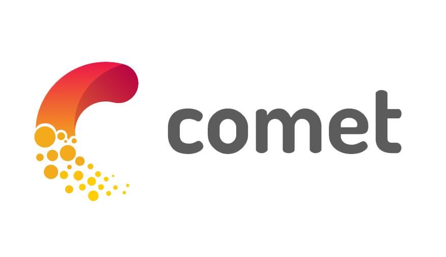 (Logo) A logo featuring the word 'comet' in dark gray lowercase letters, accompanied by a dynamic graphic element resembling a stylized comet tail in a red-to-yellow gradient. Text: comet Colors: #555555, #8B1A3B, #F57C00, #FFC107 Note: This image is a professional graphic design combining a stylized symbol (logomark) and a text element (logotype) used for brand identification.