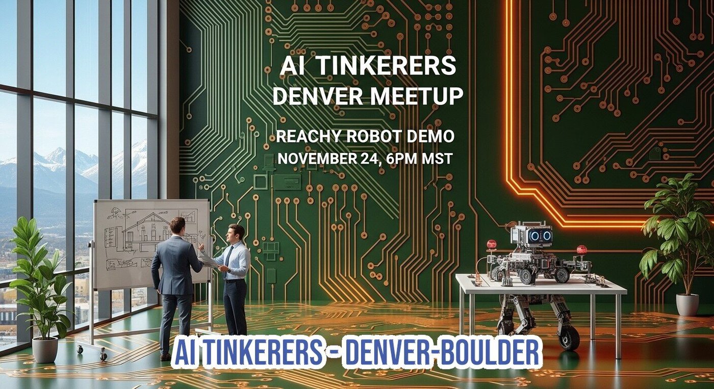 (Banner) A promotional banner for the AI Tinkerers Denver Meetup, featuring event details overlaid on a futuristic indoor scene where two men in suits discuss plans near a whiteboard, and a 'Reachy Robot' sits on a table. Text: AI TINKERERS DENVER MEETUP REACHY ROBOT DEMO NOVEMBER 24, 6PM MST AI TINKERERS - DENVER - BOULDER High-tech, futuristic, professional. | Colors: #2E5742, #FF9933, #FFFFFF, #87CEEB Note: The image functions as an advertisement or promotional graphic for a specific event, utilizing a combination of a detailed background image/render and prominent, overlaid textual information.