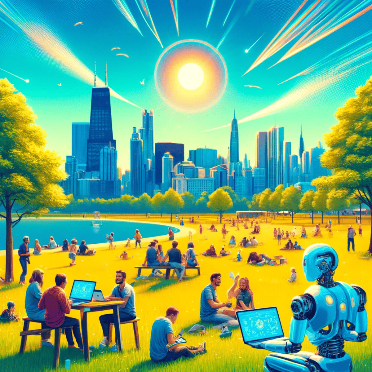 (Illustration) An illustration of people enjoying a sunny day in a park with a futuristic cityscape in the background, including a robot using a laptop. futuristic Note: The image is a stylized depiction of a scene, not a photograph. It has a clear artistic style and conveys a futuristic concept.
