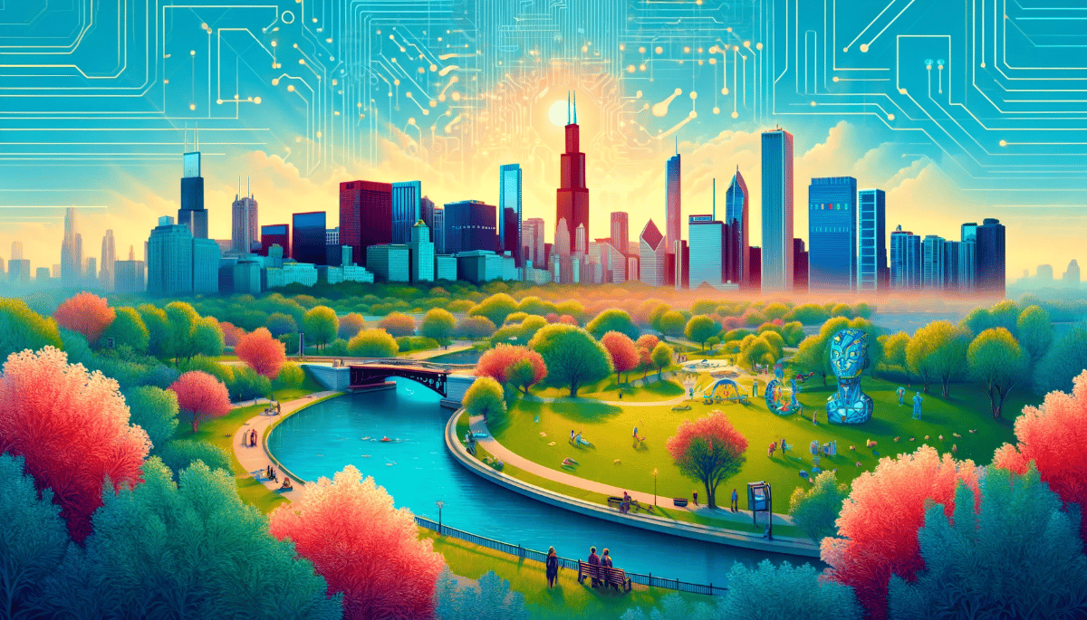 (Illustration) An illustration of a vibrant cityscape with a park, river, and circuit board patterns overlaid in the sky. 3D Note: The image is a stylized, artistic representation of a city scene, not a photograph or other realistic depiction. The use of vibrant colors and overlaid circuit patterns further suggests an illustrative style.