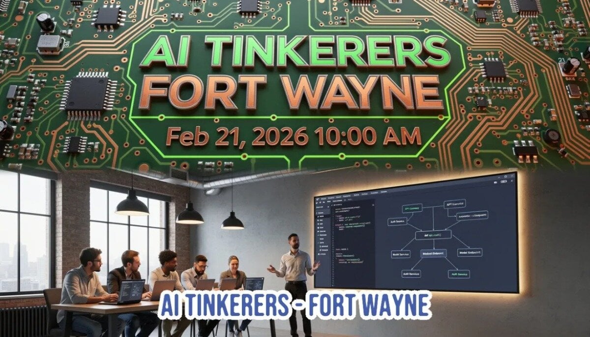 (Banner) A promotional banner for the 'AI Tinkerers Fort Wayne' group, featuring event details overlaid on a green circuit board graphic above a photo of attendees and a presenter in a modern meeting room. Text: AI TINKERERS FORT WAYNE Feb 21, 2026 10:00 AM AI TINKERERS - FORT WAYNE Bold, technical, and modern, utilizing 3D text effects and contrasting imagery. | Colors: #4CAF50, #C87840, #1A1A1A, #F0F0F0 Note: This image is a composite graphic designed to advertise an event, utilizing large, stylized text and relevant background imagery (circuit board and meeting photo) to convey key information.