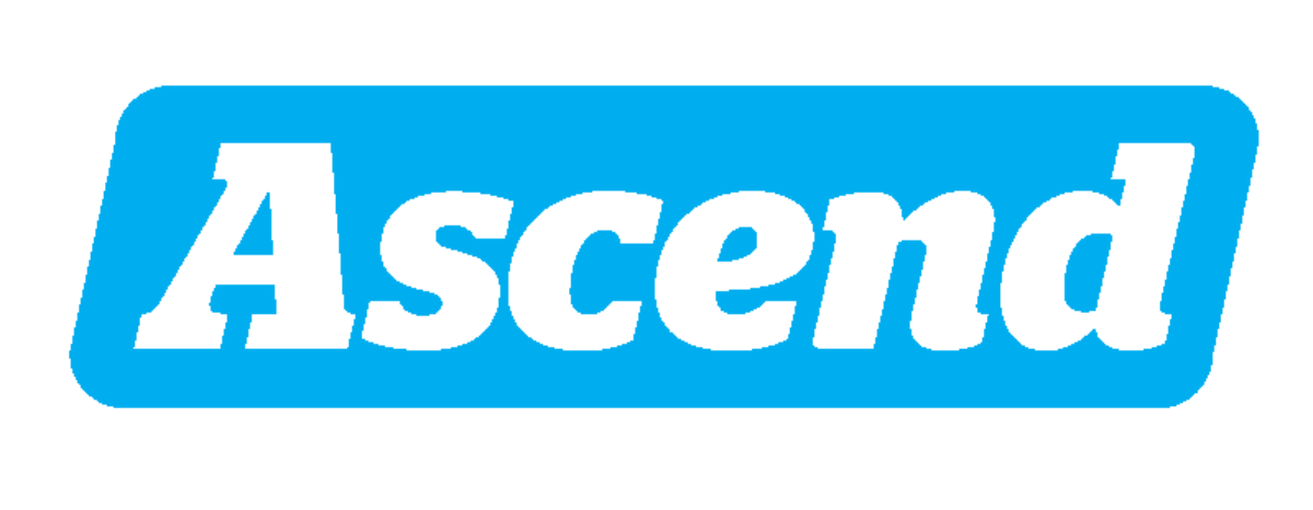 (Logo) The image displays the word 'Ascend' in white, bold, sans-serif letters, set against a bright blue, rounded-rectangle background. Text: Ascend Colors: #FFFFFF, #00AEEF Note: The image features a stylized wordmark with a distinct background shape, which is characteristic of a brand logo designed for recognition.