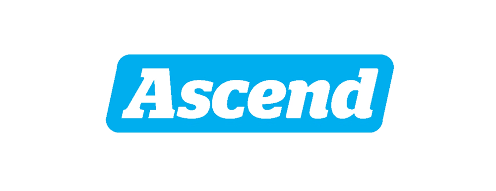 (Logo) A logo featuring the word 'Ascend' in white, bold, slightly italicized text, set within a bright blue rounded rectangular shape. The logo is displayed on a plain white background. Text: Ascend Colors: #FFFFFF, #00AEEF Note: The image clearly presents a stylized name ('Ascend') within a distinct graphic element (a rounded blue rectangle), which is characteristic of a wordmark logo designed for brand identification.