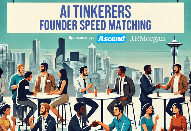 (Illustration) An illustration of people networking at an event called AI Tinkers Founder Speed Matching, sponsored by Ascend and J.P. Morgan, with a city skyline in the background. Text: AI TINKERERS FOUNDER SPEED MATCHING Sponsored by: Ascend J.P.Morgan flat Note: The image is a drawing of people at a networking event, depicting a scene rather than a real photograph.  It has a stylized, artistic quality.
