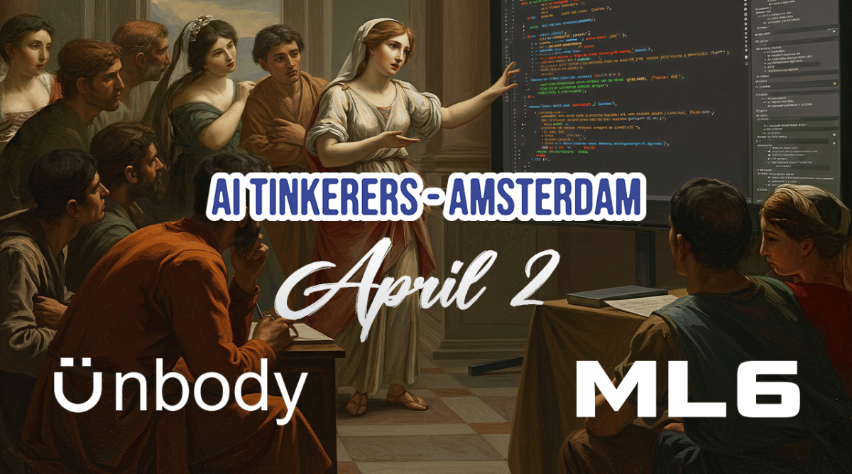 (Banner) This image is a digitally altered painting depicting a scene reminiscent of a classical art piece, but with modern elements like code on a screen and text promoting "AI Tinkerers - Amsterdam, April 2", "Ünbody", and "ML6". It blends classical art style with modern technology and event promotion. Text: AI TINKERERS-AMSTERDAM April 2 Ünbody ML6 Classical art style with modern text overlays | Colors: #808000, #A0522D, #FFFFFF, #00008B Note: The image contains text promoting an event, which is a primary characteristic of a banner. It also uses visual elements and layout to attract attention.