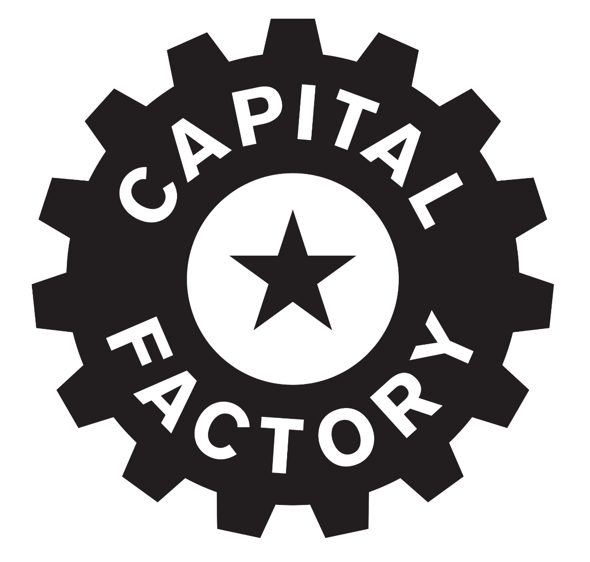 (Logo) A black and white logo featuring the words "CAPITAL FACTORY" curved around a large gear, which centers on a white circle containing a black five-pointed star. Text: CAPITAL FACTORY Colors: #000000, #FFFFFF Note: The image is a stylized graphic combining text and symbolic elements (a gear and star) designed to represent a specific brand or organization, fitting the definition of a logo.