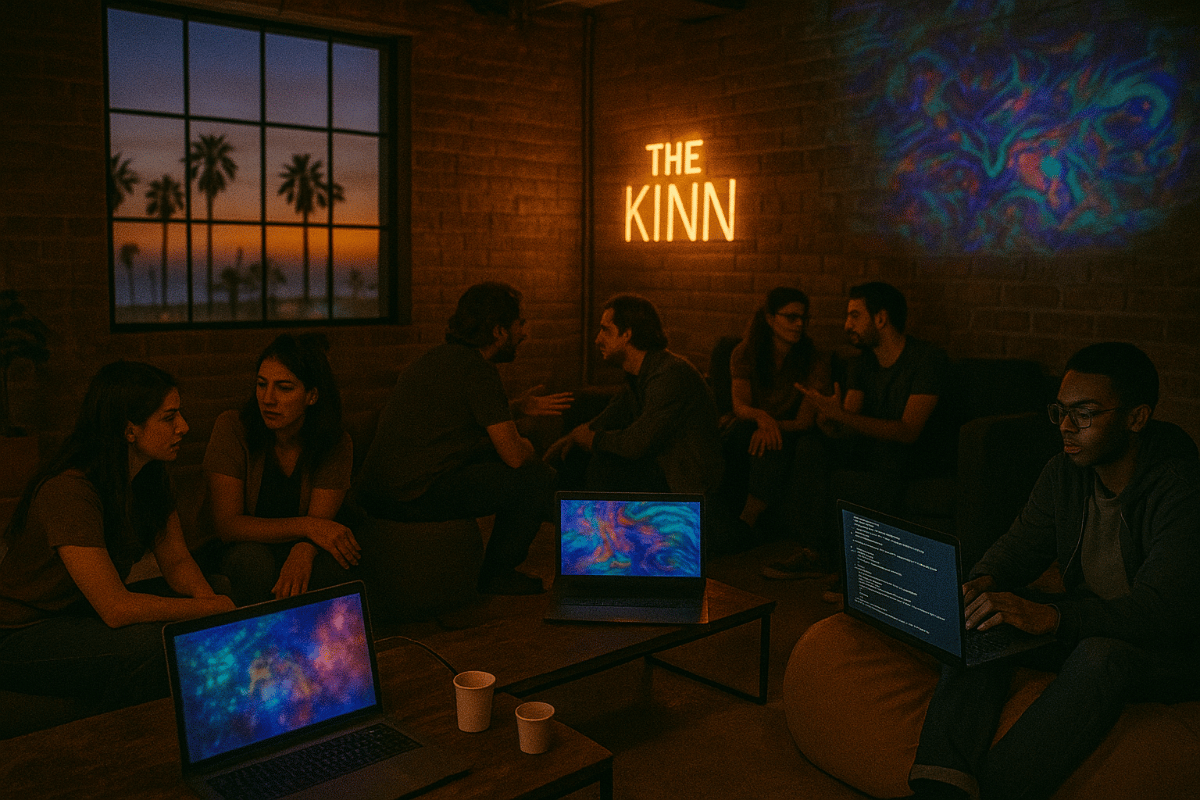 (Photo) A group of six people are gathered in a dimly lit, brick-walled room, engaged in conversation and working on laptops. A large window reveals palm trees against a sunset sky, and a glowing neon sign on the wall reads 'THE KINN'. Text: THE KINN Group of people, laptops, indoor environment | Indoor, likely a lounge or co-working space, with a large window showing an outdoor view at dusk/sunset | Dim lighting, exposed brick wall, neon sign, abstract art displayed on laptop screens and projected onto the wall, several people conversing, one person working on a laptop with code visible. | Candid, atmospheric, warm lighting, slightly dark | Colors: #8B4513, #FF8C00, #4682B4, #2F4F4F Note: The image is a photographic capture of a real-world scene featuring multiple human subjects, an indoor setting, and various objects, consistent with the definition of a 'photo'.