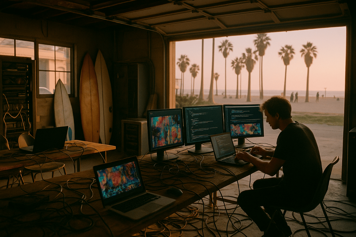 (Photo) The image captures a person working intently on multiple computer screens and laptops inside what appears to be a dimly lit garage or workshop, with a large opening revealing a sunny beach scene with palm trees and people in the distance. Several surfboards are propped against a wall in the background. A person working with computers, technology, and a beach environment. | Indoor (garage/workshop) with a large open view to an outdoor beach and ocean setting. | A man sitting at a desk with three computer monitors and two laptops, connected by a tangle of cables. Some screens display colorful abstract patterns, while others show lines of code. In the background, surfboards lean against a wall, and outside, numerous palm trees line a sandy beach with distant figures. | Candid or lifestyle photograph, with warm, golden hour lighting creating a moody yet inviting atmosphere. | Colors: #6C4E3D, #2C2C2C, #F0B080, #00A0B0 Note: The image is a realistic depiction of a scene, featuring a person, objects, and a landscape captured as they would appear in real life, characteristic of a photograph.