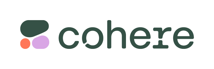 (Logo) This is the logo for "cohere," featuring the company name in dark teal lowercase letters alongside a graphic element composed of three rounded, irregularly shaped dots in teal, lavender, and coral colors. Text: cohere Colors: #2E4A42, #C9A6D9, #F57D61, #000000 Note: The image is a stylized combination of a wordmark ('cohere') and an abstract graphic symbol, designed specifically for corporate or product branding and identification.