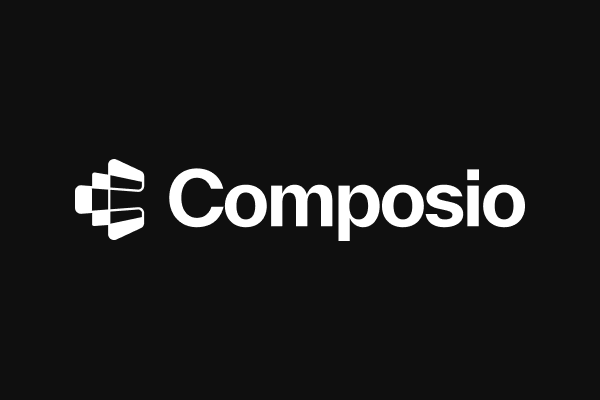 (Logo) A modern logo displaying the white wordmark "Composio" alongside an abstract, geometric white icon, all set against a solid black background. Text: Composio Colors: #000000, #FFFFFF Note: The image is a stylized combination of a graphic symbol and a wordmark, clearly designed for brand identity, which defines it as a logo.
