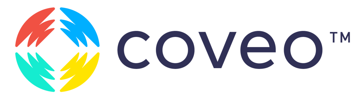 (Logo) The image displays the logo for 'coveo,' which consists of a colorful, abstract circular graphic element positioned to the left of the company name. Text: coveo™ Colors: #26325C, #E63946, #00B4D8, #FFC300 Note: This image is a corporate logo, combining a stylized wordmark ('coveo') with a distinct abstract graphic symbol (logomark) used for branding purposes.