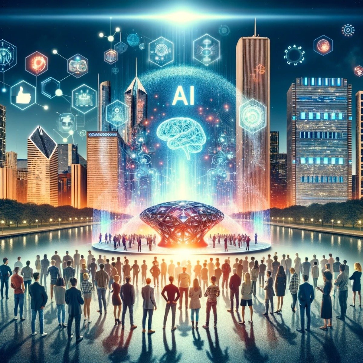 (Illustration) An illustration of a futuristic cityscape with a large holographic brain and the letters "AI" above a gathering of people. Text: AI 3D Note: The image is a digitally created artwork depicting a futuristic concept, thus categorizing it as an illustration.