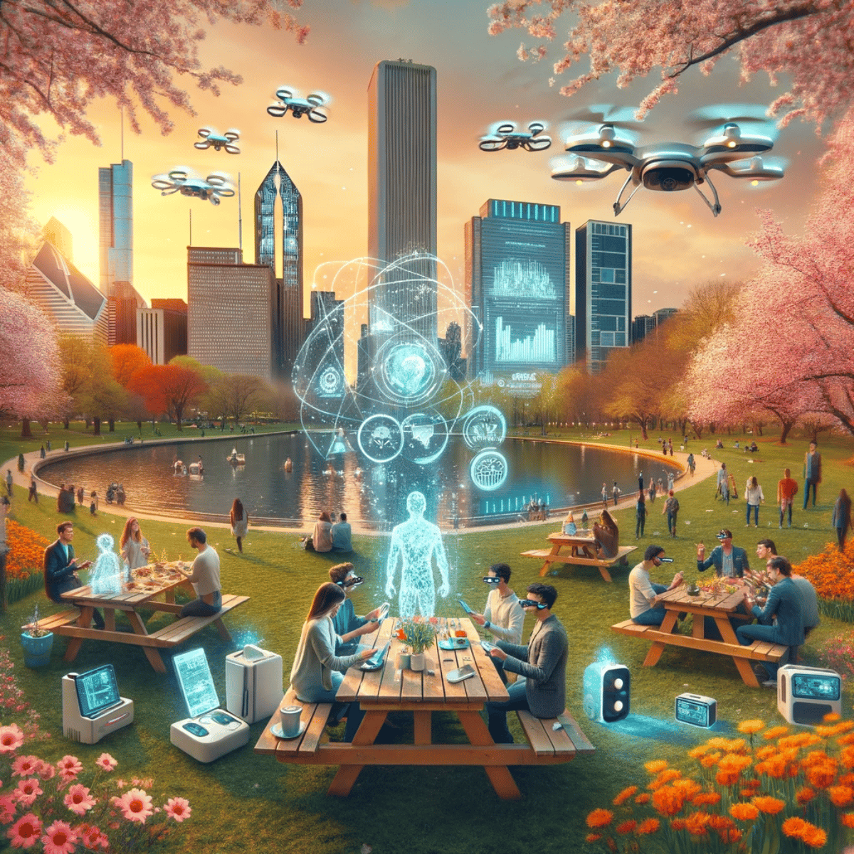 (Illustration) An illustration depicting a futuristic park scene with people using advanced technology like VR headsets and holographic projections, set against a backdrop of a modern cityscape. 3D Note: The image is a clearly drawn and stylized depiction of a futuristic scenario, indicating it's an artistic creation rather than a photograph or other image type.