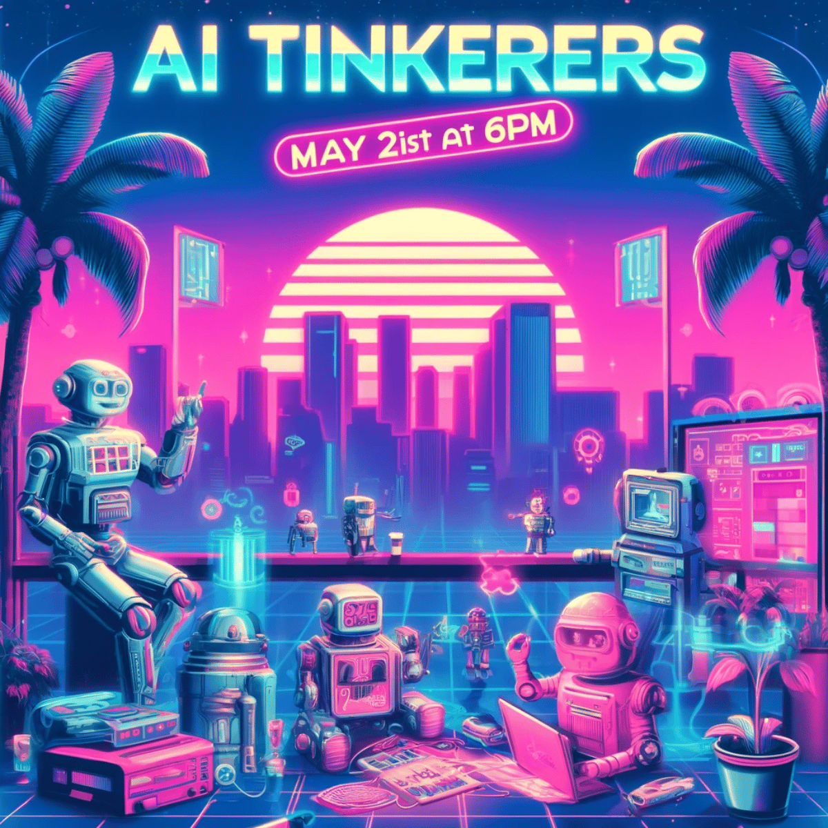 (Illustration) An illustration depicting a group of robots in a futuristic, vaporwave-inspired cityscape. Text: AI TINKERERS MAY 21st At 6PM vaporwave | Colors: #ff69b4, #00ffff, #ffcc00 Note: The image is a digitally created artwork depicting a scene with robots and a cityscape, making it an illustration.