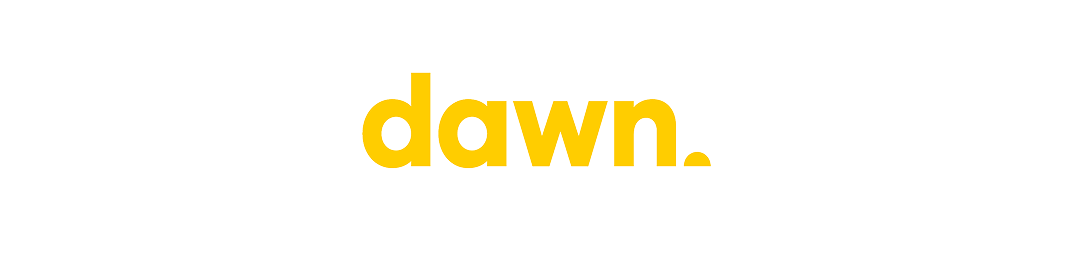 (Logo) The image displays the word 'dawn.' in a bold, yellow, sans-serif font against a plain white background. Text: dawn. Colors: #FDD835, #FFFFFF Note: The image consists solely of a stylized word 'dawn.' presented in a distinct font and color, which is characteristic of a brand identifier or logotype.
