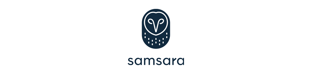 (Logo) The image displays a minimalist logo featuring a stylized dark blue owl head icon positioned above the word 'samsara' in lowercase letters, all set against a white background. Text: samsara Colors: #1a2b3e, #ffffff Note: This image is clearly a brand identifier, combining a unique graphic mark with a company name, which is the definition of a logo. Its clean design and singular focus reinforce this classification.