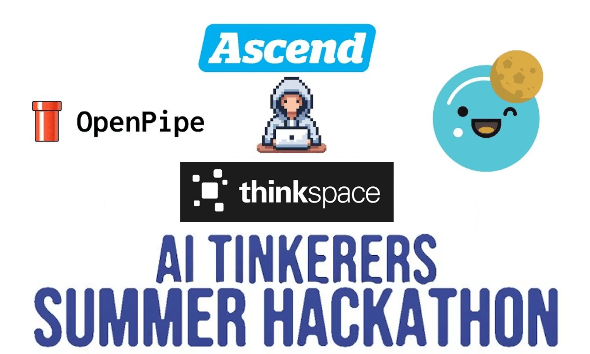 (Banner) A banner advertising an AI Tinkerer's Summer Hackathon, sponsored by several organizations including OpenPipe, Ascend, and thinkspace. Text: OpenPipe Ascend thinkspace AI TINKERERS SUMMER HACKATHON informal, playful | Colors: #29ABE2, #000000, #DA291C Note: The image is clearly a promotional banner advertising a hackathon event. It features a headline, event name, and sponsor logos.