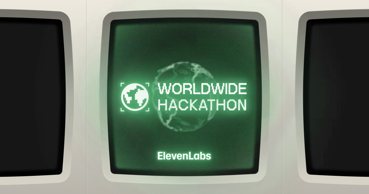 (Banner) A digital banner featuring three retro-style CRT monitors, where the central screen displays promotional text for a hackathon in glowing green on a dark background. Text: WORLDWIDE HACKATHON ElevenLabs Retro-tech, utilizing a glowing green monochrome palette reminiscent of old computer terminals. | Colors: #DCDCDC, #004D00, #44FF44 Note: The image is a structured graphic designed to promote an event (a hackathon) and display associated branding (ElevenLabs), fitting the definition of a promotional banner.